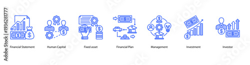 Capital Investment web banner vector illustration featuring Financial Statement, Human Capital, Fixed Asset, Financial Plan, Management, Investment, and Investor.