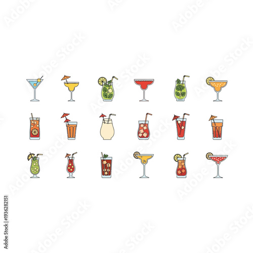 A collection of various colorful cocktails and drinks