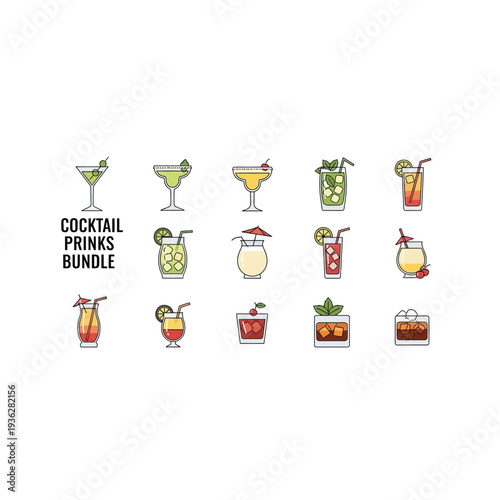 Cocktail drinks menu icons set