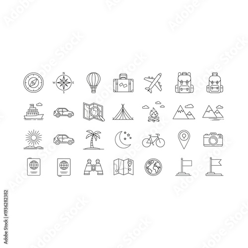 A collection of 25 small black and white icons on a white background