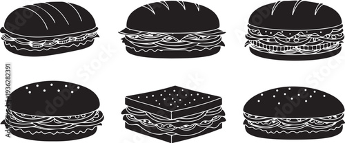Black silhouette set of four sandwich and fast food items on a white background, minimal outline