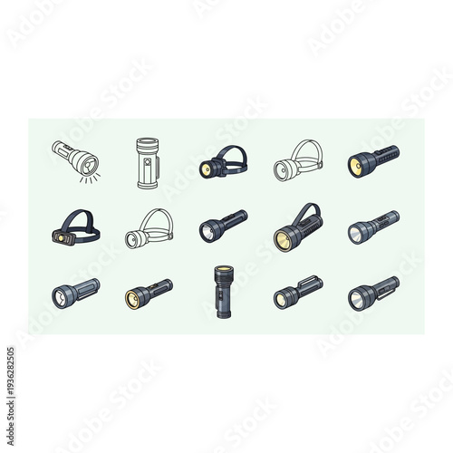 A collection of various flashlights and headlamps on display