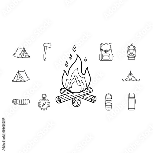 A camping icon set with various outdoor symbols