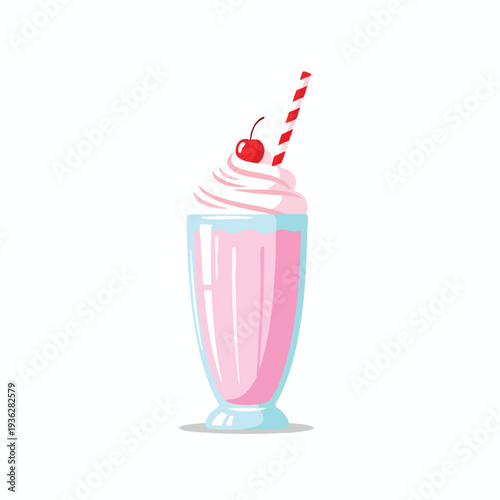 Delicious Strawberry Milkshake in a Tall Glass with Whipped Cream and Cherry