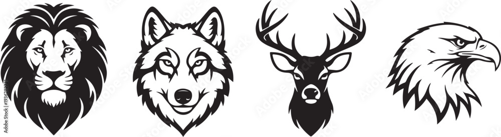 Fototapeta premium Black silhouette set of four wild animal head logos on a white background, minimal outline