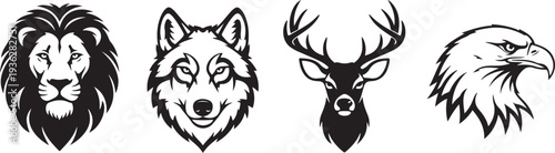 Black silhouette set of four wild animal head logos on a white background, minimal outline