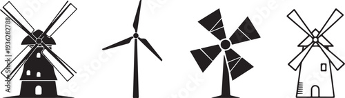 Black silhouette set of four windmill designs on a white background, minimal outline.