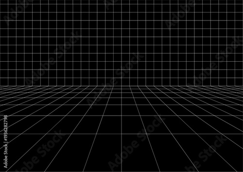 Part of digital room floor and far wall. Moving energetic grid structure of fine lines. Simple black and white dynamic background