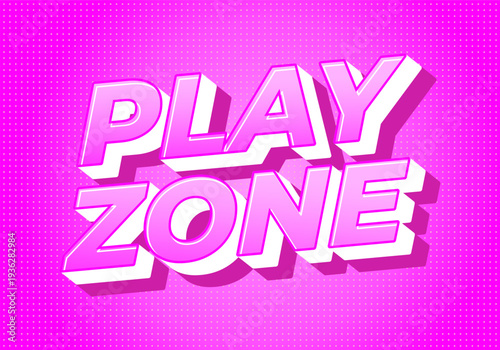 Bold 3D retro text PLAY ZONE in pink and white with drop shadow on vibrant dotted magenta background, playful pop art style.
