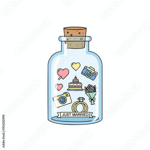 Creative Illustration of a Glass Bottle with Wedding and Love themed Items inside