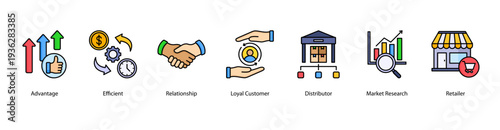 Market Relationship and Distribution web banner featuring Advantage, Efficient, Relationship, Loyal Customer, Distributor, Market Research, and Retailer.