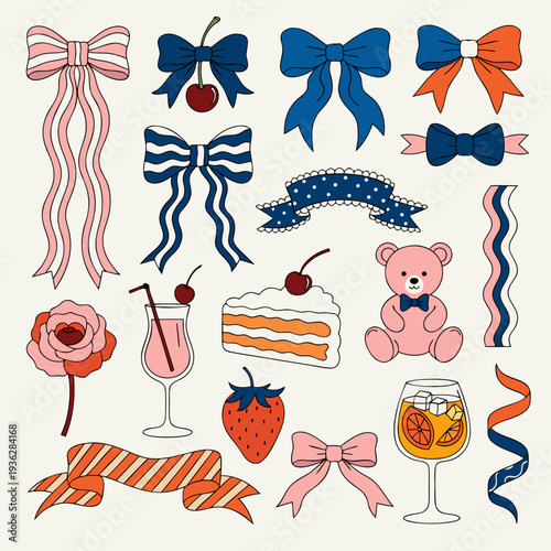 Set of hand drawn coquette elements for Valentines day, wedding invitation, birthday card. Cute girly bows, ribbons, cherry, cake, toy bear, cocktail, rose, strawberry. Vintage vector illustration. 