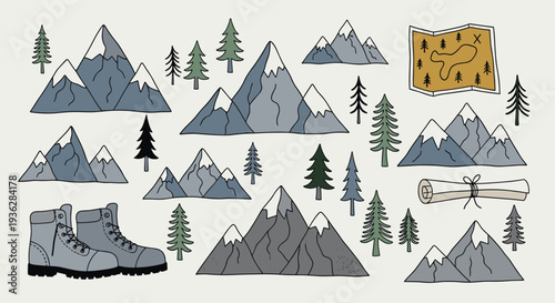 Hand drawn collection of mountain landscapes hiking boots and a treasure map illustration in a whimsical outdoor adventure theme