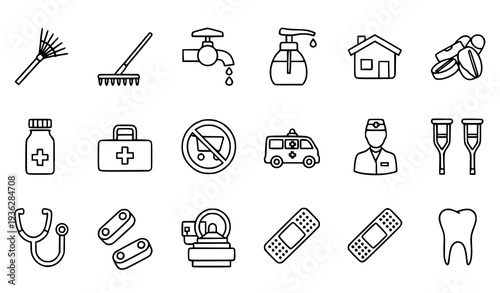 Thin line healthcare and household icon set with doctor stethoscope first aid kit bandage tooth and home symbols