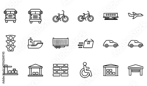 Thin line transportation and logistics icon set with school bus train plane truck ship warehouse and delivery symbols