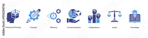 Knowledge and Justice web banner featuring Think Out Of The Box, Creativity, Efficiency, Environmentalism, Independence, Justice, and Knowledge.