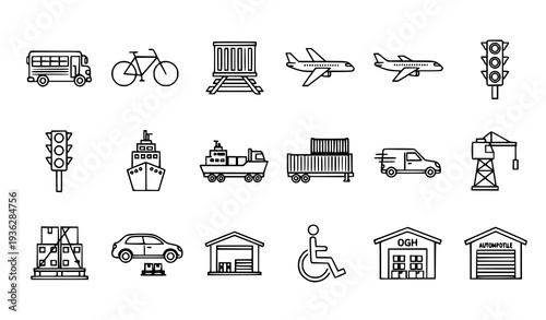 Modern monoline freight and vehicle thin line icon pack with bus train aircraft shipping container and port elements