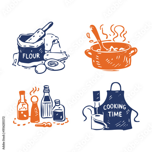 Hand drawn cooking and baking illustration set in handmade organic style featuring flour, mixing bowl, sauces, and cooking apron. Ideal for recipe design, cookbook graphics, and food themed packaging.