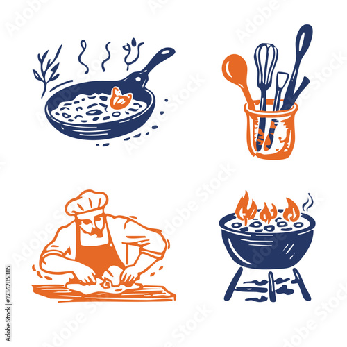 Handmade organic style cooking illustration set showing frying pan, utensils, chef cooking, and barbecue grill. Minimal two-color hand drawn artwork suitable for recipe books, restaurant branding, and