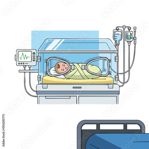 Newborn Baby in Incubator with Medical Equipment