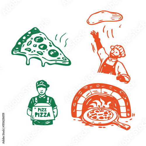 Handmade organic style pizza illustration set featuring pizza slice, chef tossing dough, pizza oven, and pizza chef character. Perfect for restaurant branding, menus, and food themed graphics.