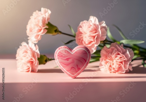 Wallpaper Mural Pink heart shaped cookie with pink carnations on pink surface for valentines day or romance Torontodigital.ca