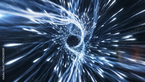 Abstract light particles flow rapidly through a futuristic wormhole tunnel