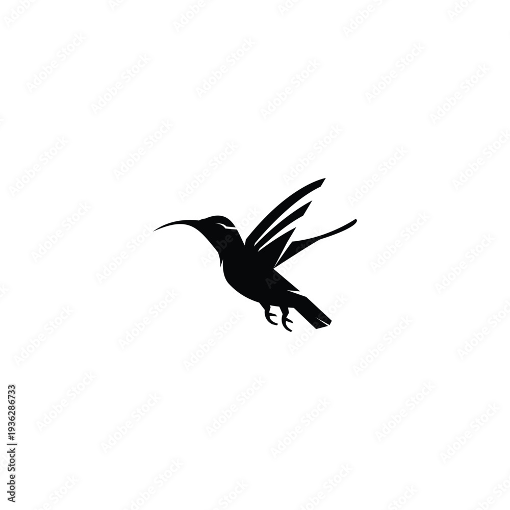 Fototapeta premium Black Hummingbird silhouette rendered in a clean minimalist vector style, isolated on a white background. Simple graphic shape suitable for logos, icons, branding, prints, and design templates.