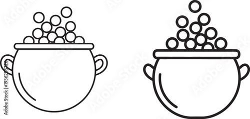 Line art illustration of two pots overflowing with coins in simple black style