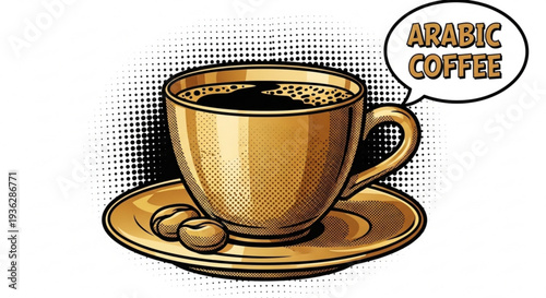 Warm cup of arabic coffee on saucer with coffee beans