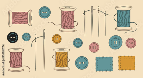 Sewing Supplies Collection Vintage Style Threads Needles Buttons Fabric Patches on Beige Background