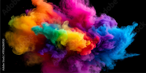 Vibrant watercolor ink and smoke textures merge in a colorful abstract design featuring blue and orange fractal patterns with motion light