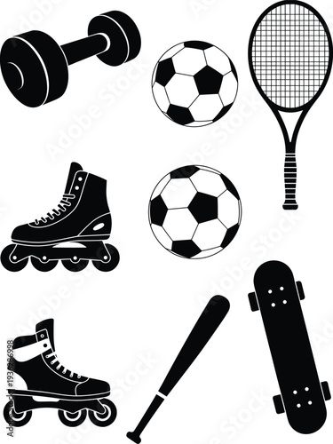 Black and white vector icons set of sports equipment including soccer balls, tennis racket, skateboard, rollerblades, dumbbell, and baseball bat.
