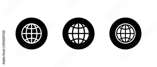 World globe icon set in black circle. Internet global symbol. Worldwide web sign