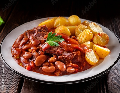 corned beef hash with potatoes and beans in tomato sauce