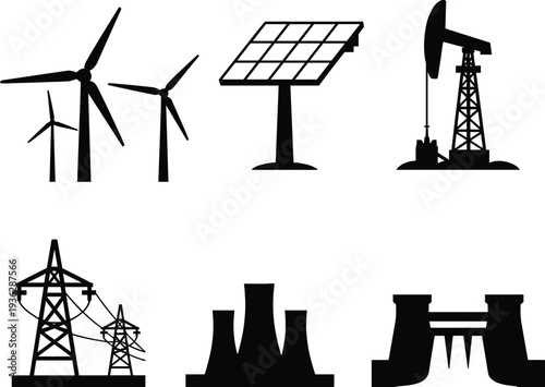 Black silhouette collection of energy icons including wind turbines, solar panels, oil rig, power lines, and nuclear plant for industrial design.