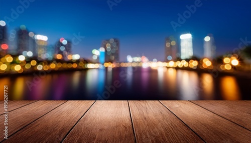 empty brown wood board or wooden floor waterfront with blurred abstract night light bokeh at river in city background advertising agency copy space for display of product or object presentation