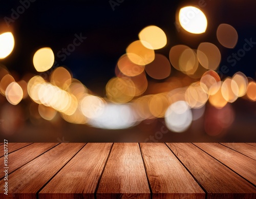 empty brown wooden floor or wood board table with blurred abstract night light bokeh background copy space for display of product or object presentation generative ai