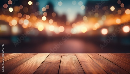 empty brown wooden floor or wood board table with blurred abstract night light bokeh background copy space for display of product or object presentation vintage color tone generative ai