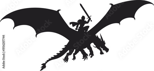 Black silhouette of a brave knight riding a flying dragon with sword raised for fantasy adventure, medieval myth, and legend.