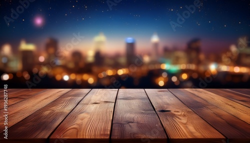 empty brown wooden floor or wood board table with blurred abstract night light sky in city background copy space for display of product or object presentation generative ai