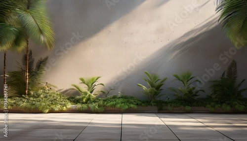 empty exterior concrete wall with tropical style garden 3d render decorate with tropical style tree sunlight on the wall