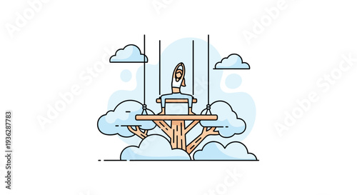 A woman is performing a yoga pose on a wooden platform suspended by ropes from clouds with a tree trunk below, Generative AI.