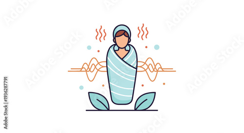An illustrated person is comfortably wrapped in a light blue towel with a head wrap sitting calmly on a plain white background, Generative AI.