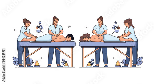 Two female massage therapists are giving back massages to a man and a woman on separate light blue massage tables, Generative AI.