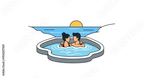 A cartoon couple is relaxing together in a blue hot tub with a stylized ocean and a setting sun in the background, Generative AI.