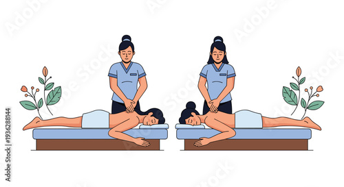 Two women are simultaneously receiving relaxing back massages from professional therapists on separate tables in a serene spa setting, Generative AI.