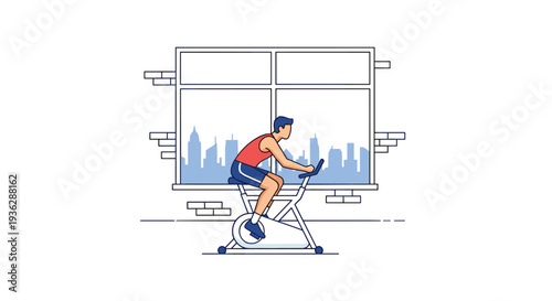A man in athletic attire vigorously cycles on a stationary bike indoors looking out at a modern city skyline through a large window, Generative AI.