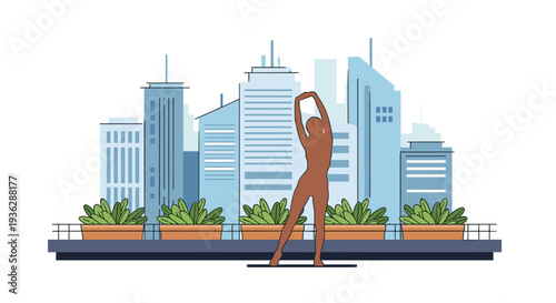 A person performs a stretching exercise on a rooftop terrace surrounded by potted plants with a modern city skyline backdrop, Generative AI.