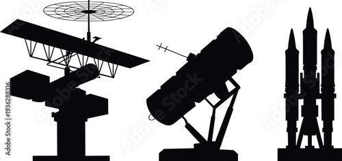 Black silhouette of military radar station, missile defense system, and ballistic rocket launcher isolated on white background for national security concepts.